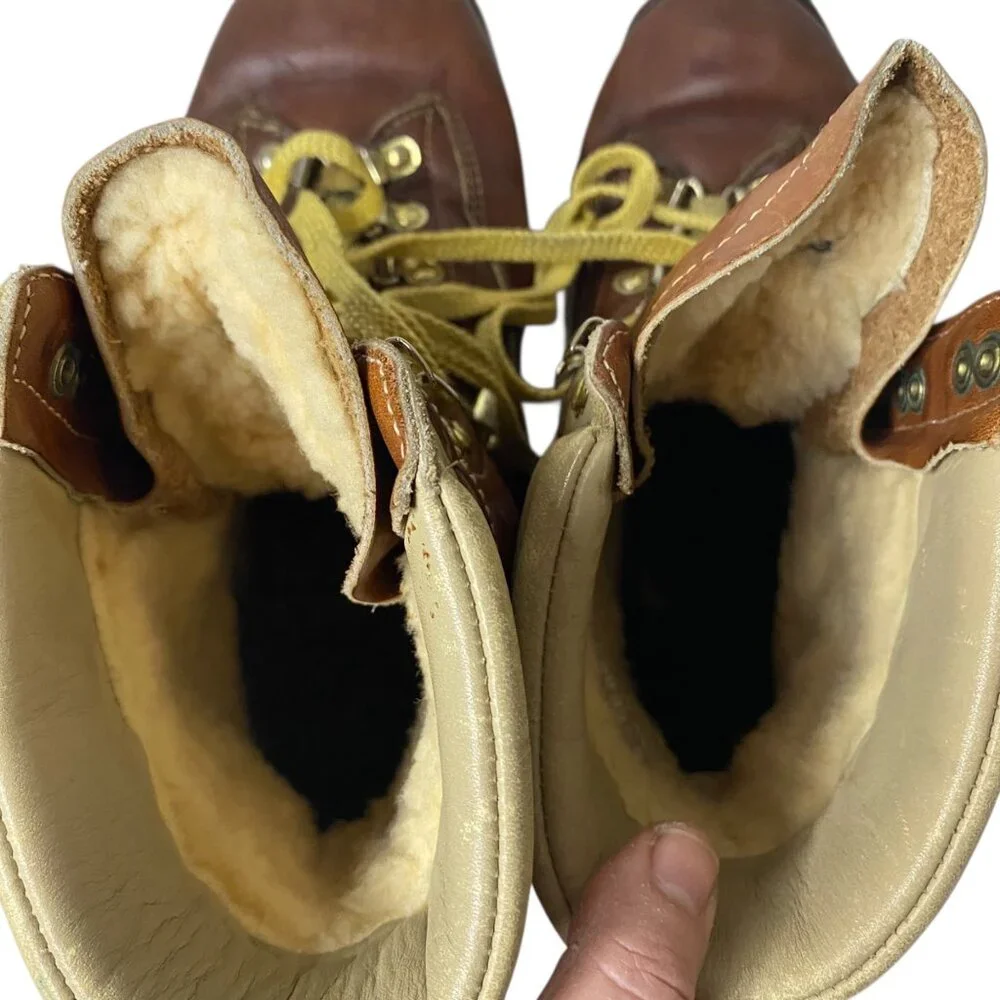 Vintage Genuine Sherpa‎ Lined Brown Leather Hiking Boots Lace Up Men 8.5EE